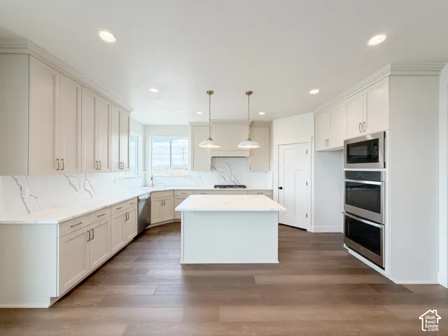 Spacious kitchen featuring extensive white cabinetry, white countertops with veining, stainless steel double ovens, and wood-finish flooring