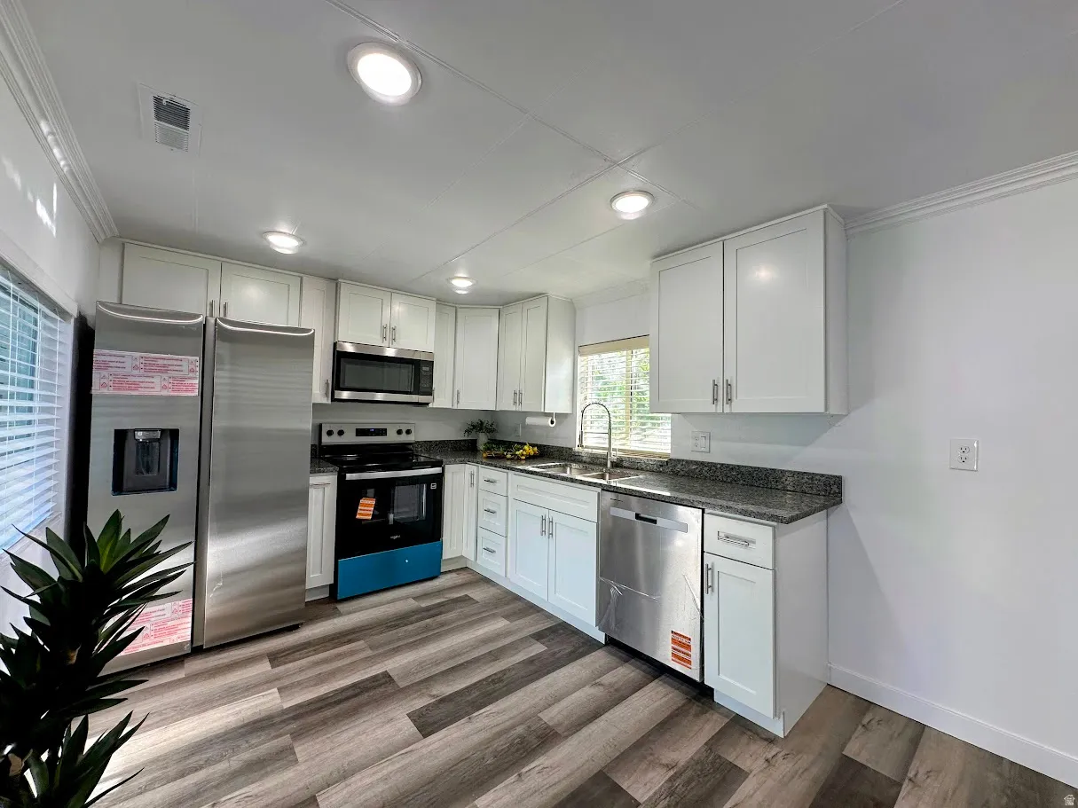 Modern kitchen featuring white cabinetry, granite-style countertops, and wood-finish flooring