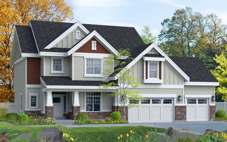 Craftsman-style exterior featuring a multi-gable roofline, board and batten siding, shake siding accents, stone veneer columns, and a two-car garage with panel doors