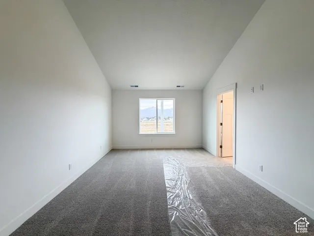 Spacious room featuring vaulted ceilings, a large window, neutral carpeting, and a panel door