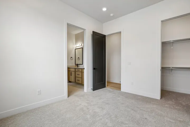 Plush carpet flooring, recessed lighting, built-in closet shelving, and a dark-finish door
