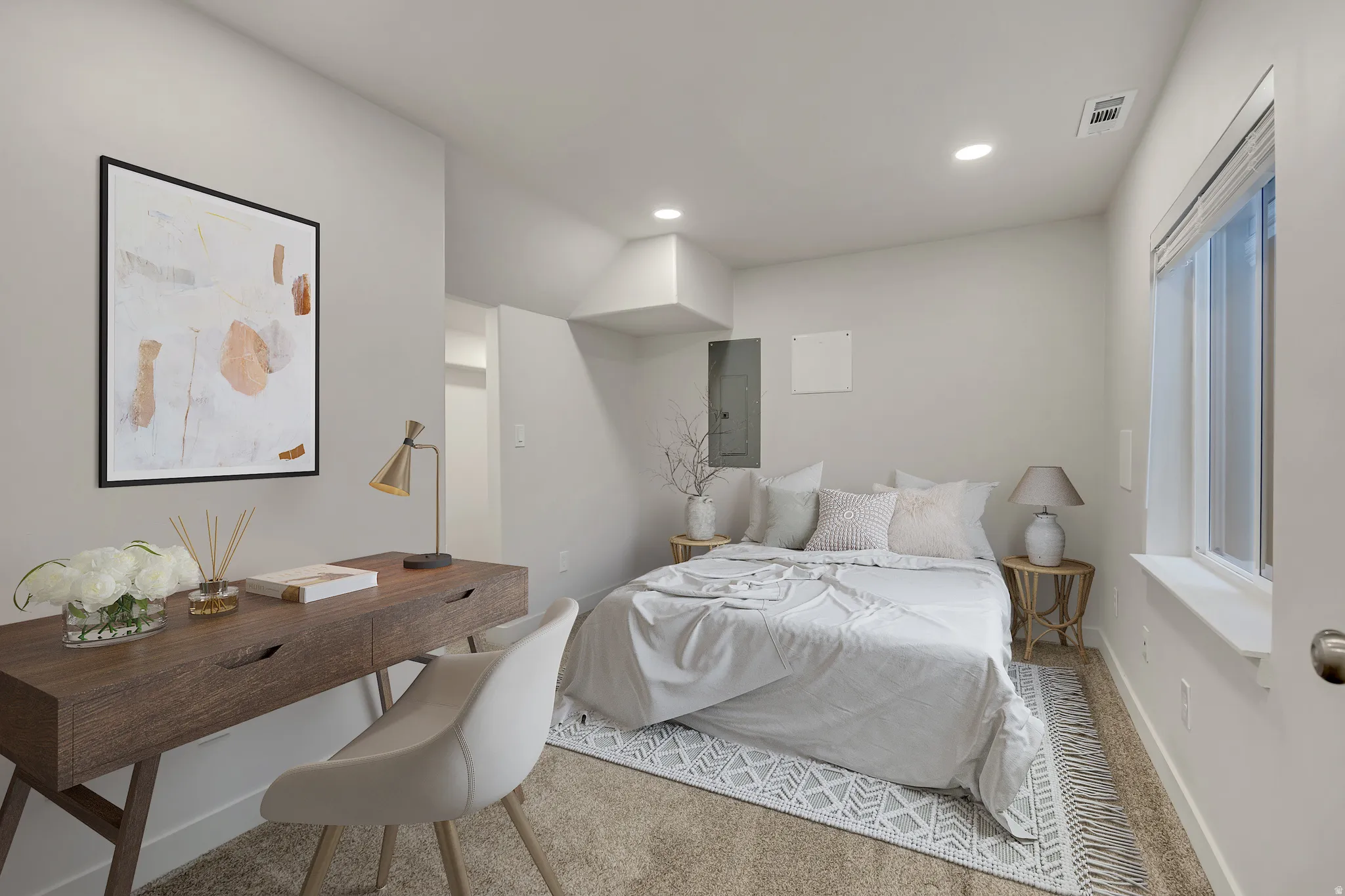Carpeted room with recessed lighting, a single window, and light-toned wall finishes