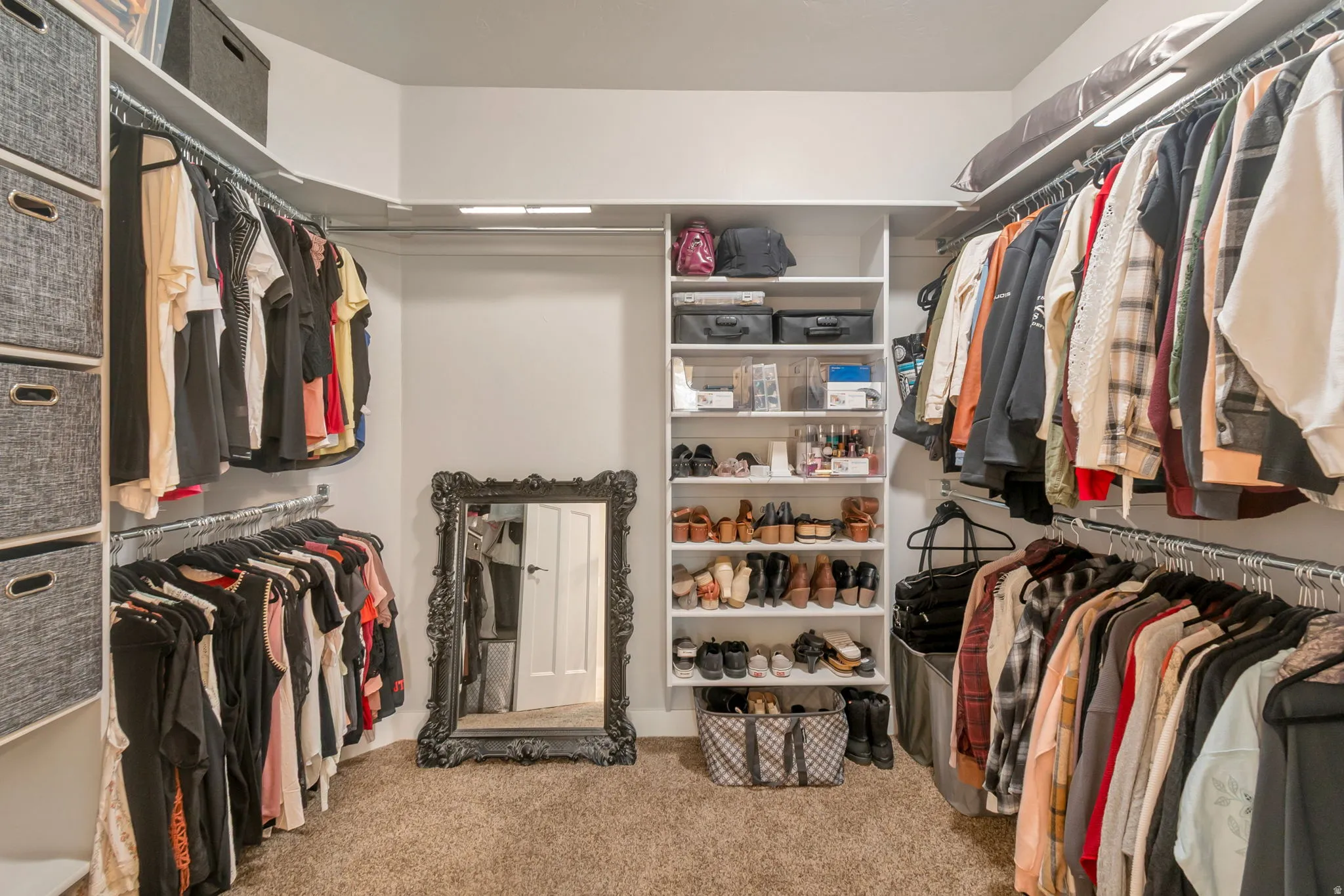 Spacious walk-in closet featuring extensive built-in shelving, multiple hanging rods, custom storage cubbies, and plush carpeting