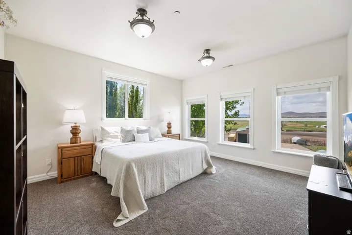 Spacious room featuring multiple windows, neutral wall tones, and carpeted flooring