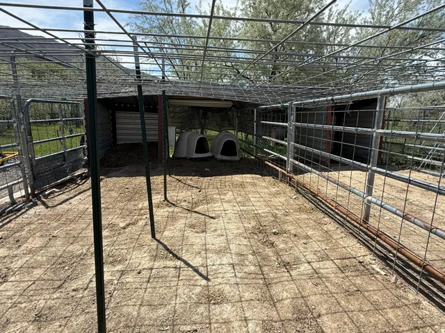 Dog runs -Outdoor enclosure featuring metal fencing and a corrugated metal shelter