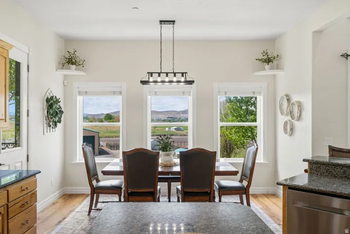 Dining area featuring wood-finish flooring and three large windows