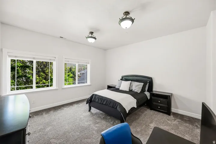 Bright room featuring two large windows, white walls, gray carpet, and two flush-mount ceiling light fixtures