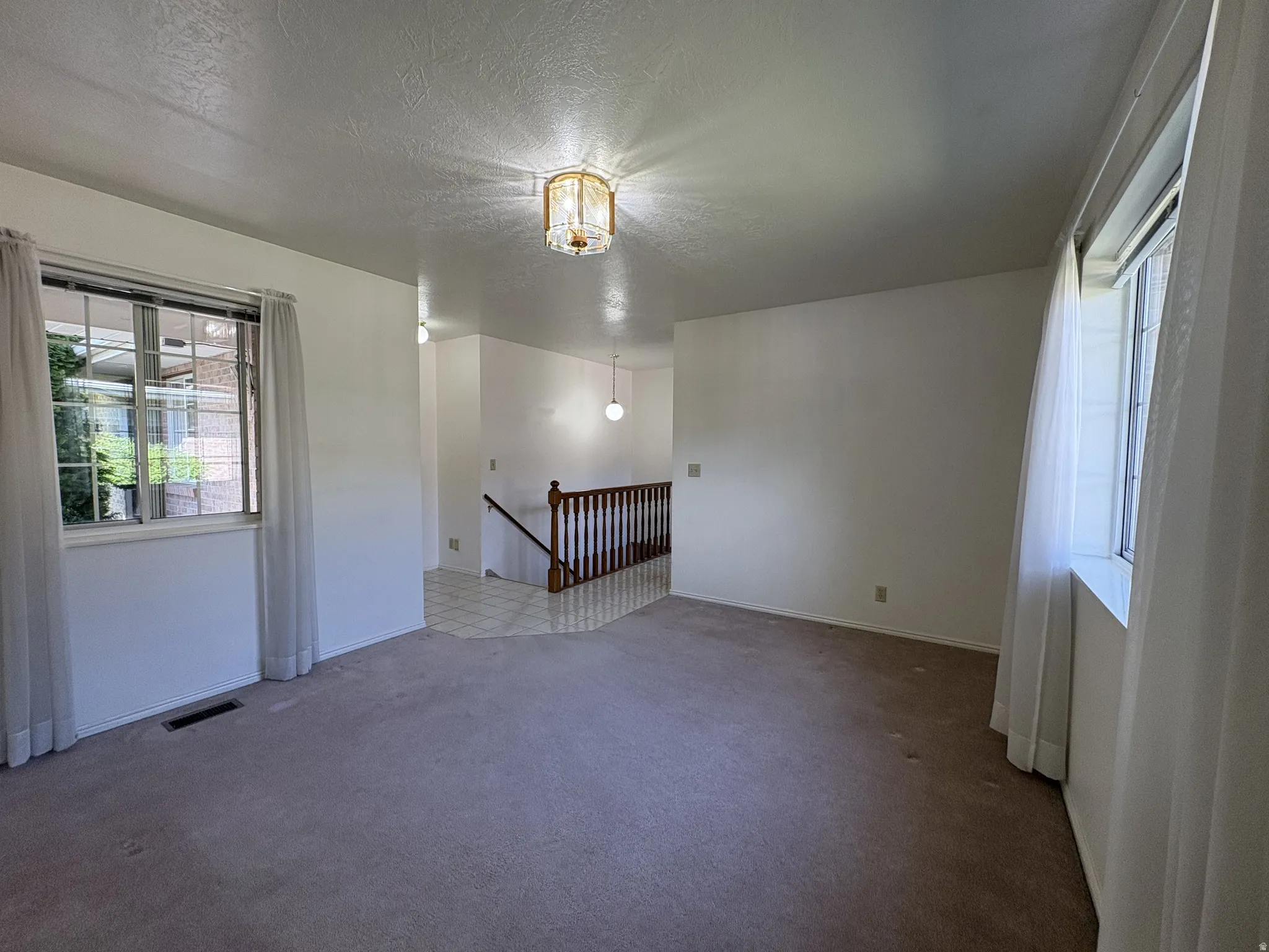 Spacious room with plush carpeting, multiple windows providing natural light, and a classic-style ceiling light fixture