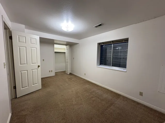 Carpeted room featuring a double-pane window with horizontal blinds, a ceiling-mounted light fixture, and two panel doors opening to a closet