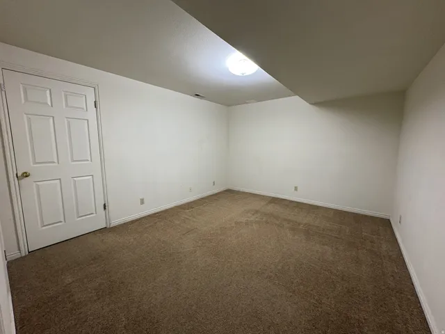 Spacious room with plush brown carpeting, crisp white walls, and a recessed ceiling light fixture