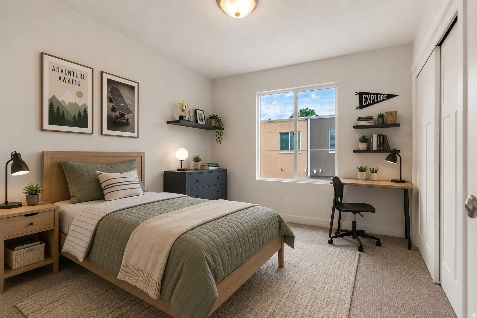 Carpeted bedroom featuring a double-pane window, flush-mount ceiling light, and white paneled bi-fold closet doors