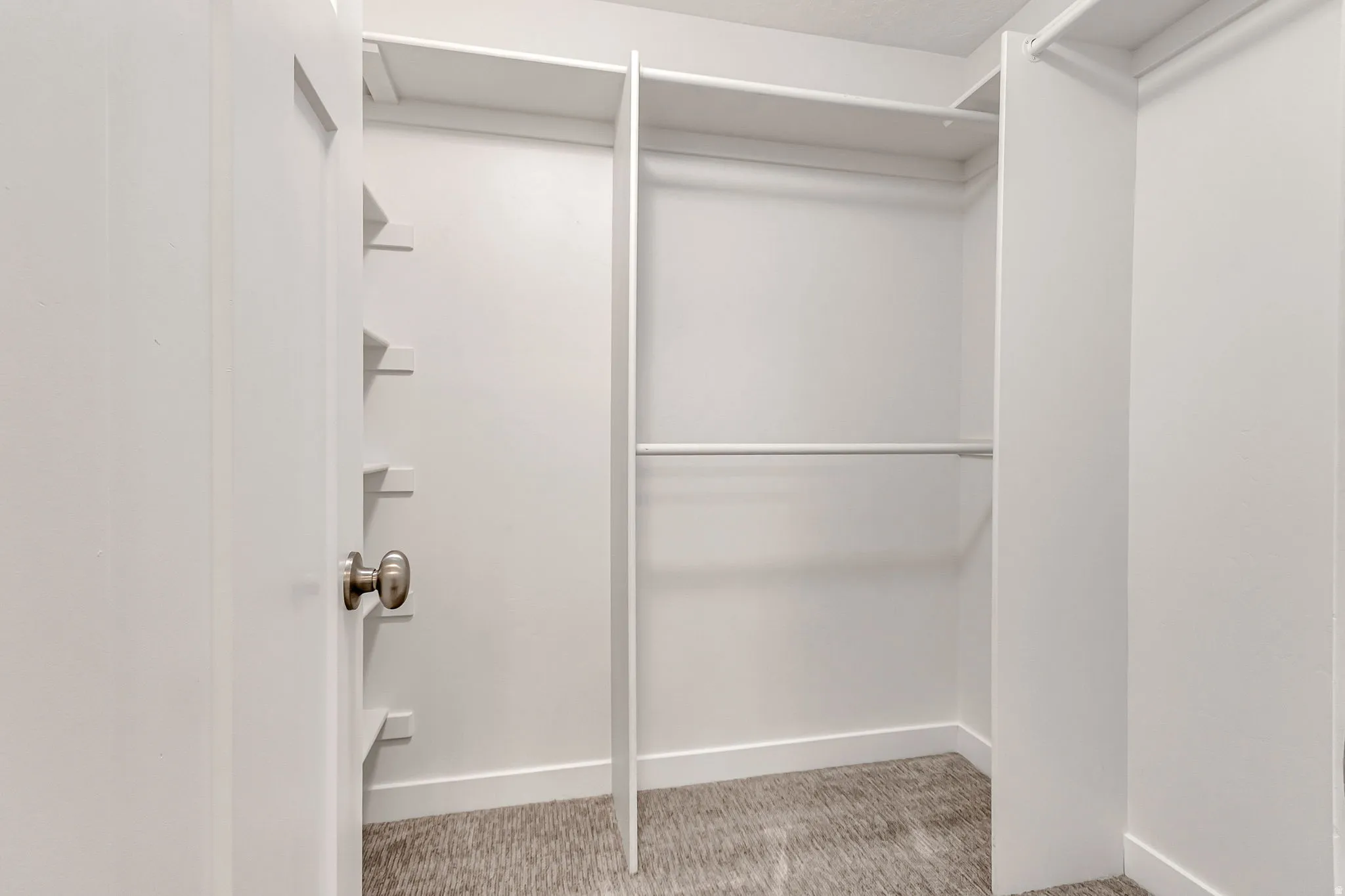 Spacious closet featuring white built-in shelving, dual hanging rods, and neutral-toned carpeting