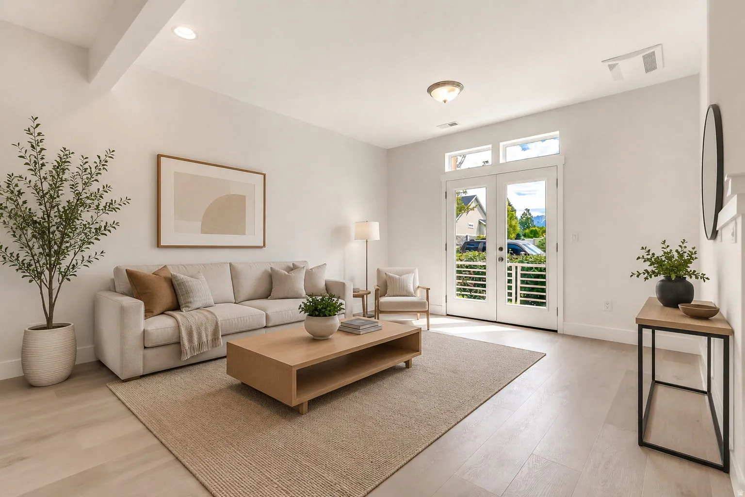Open living area featuring light wood-finish flooring and recessed lighting