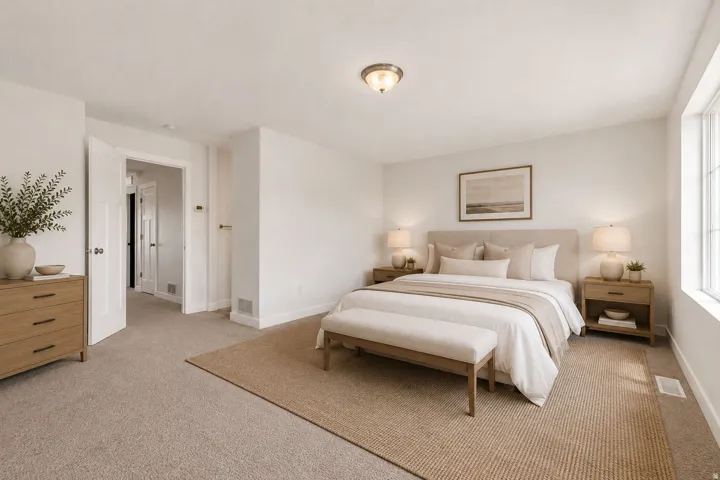 Spacious room featuring neutral carpeting, a large window, a ceiling-mounted light fixture, and a doorway with trim