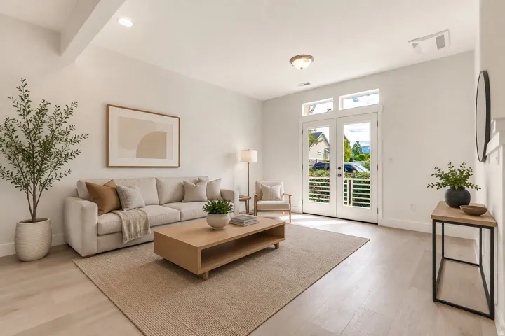 Open living area featuring light wood-finish flooring and recessed lighting