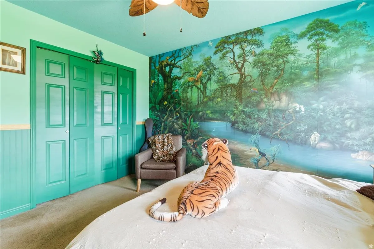 Tropical-themed wall mural spanning a full wall