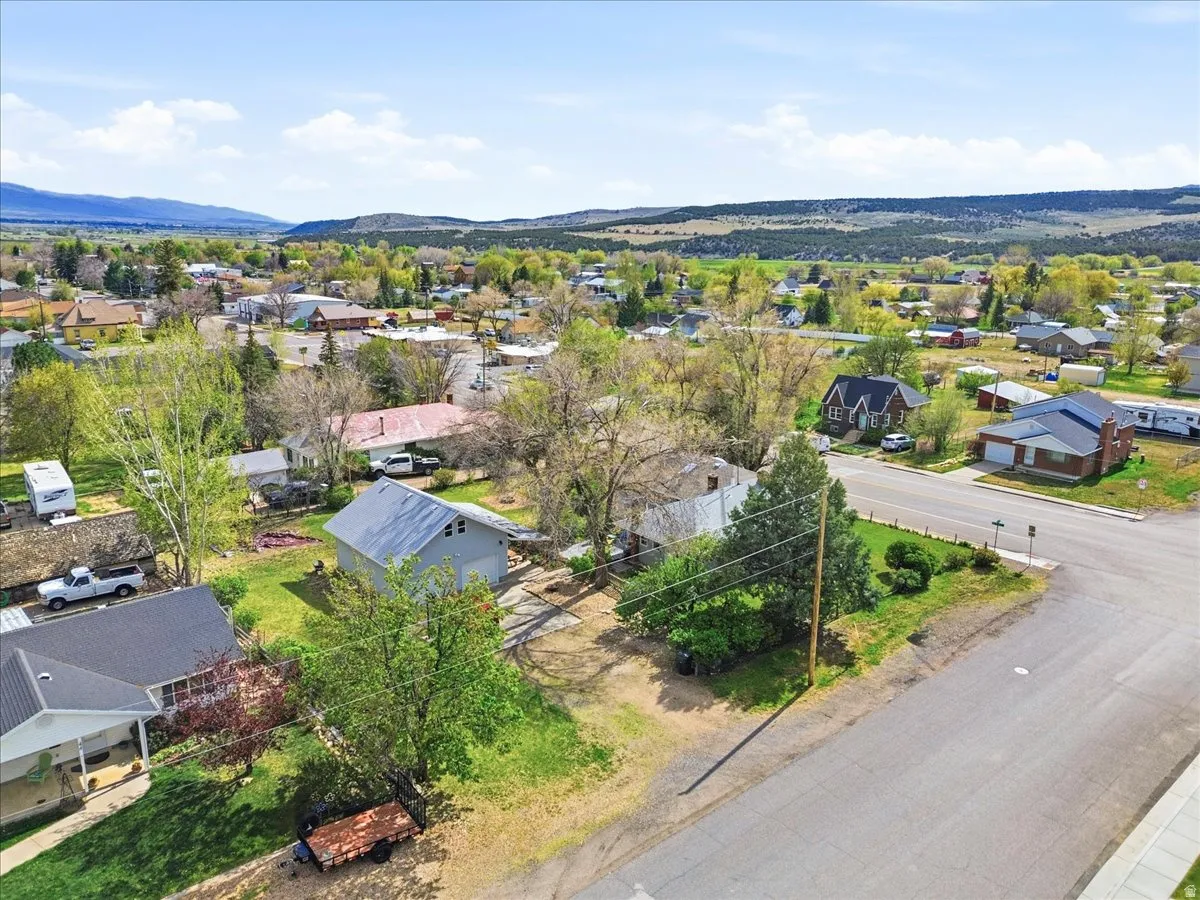 Aerial perspective showcasing a neighborhood setting with established properties and mature trees
