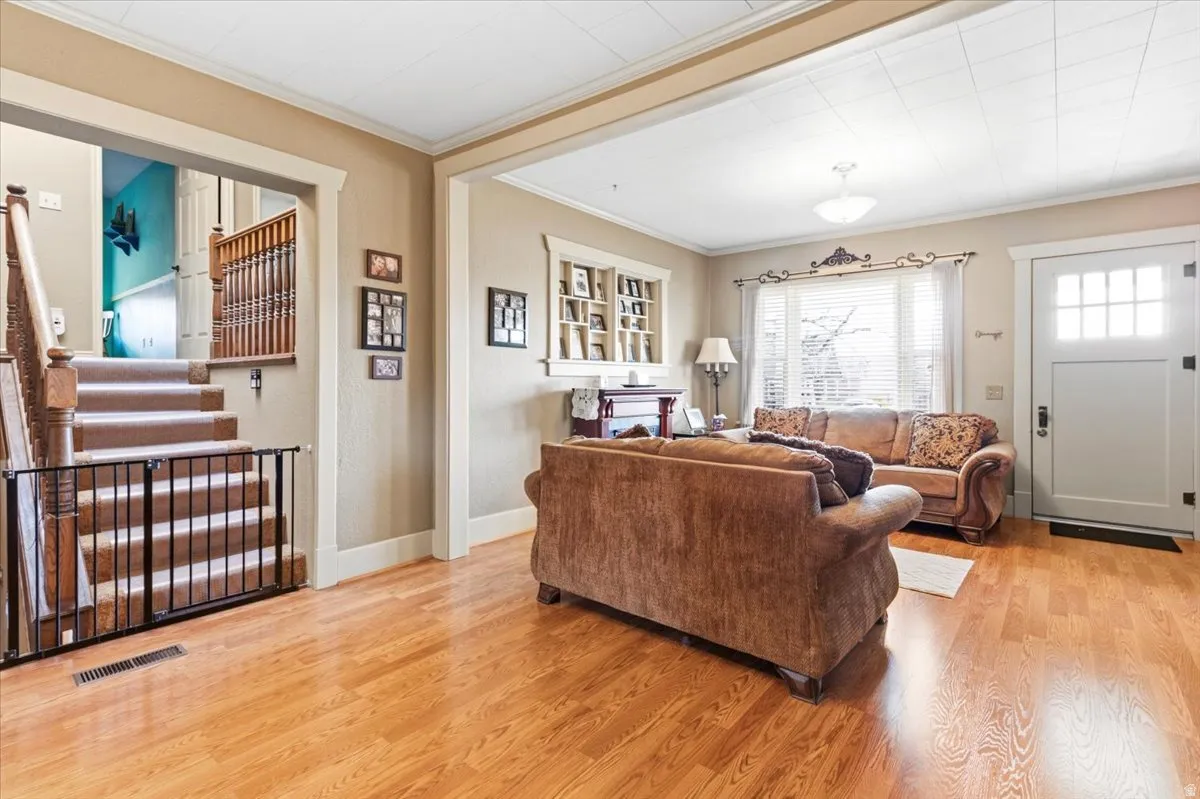 Hardwood flooring throughout the main living area