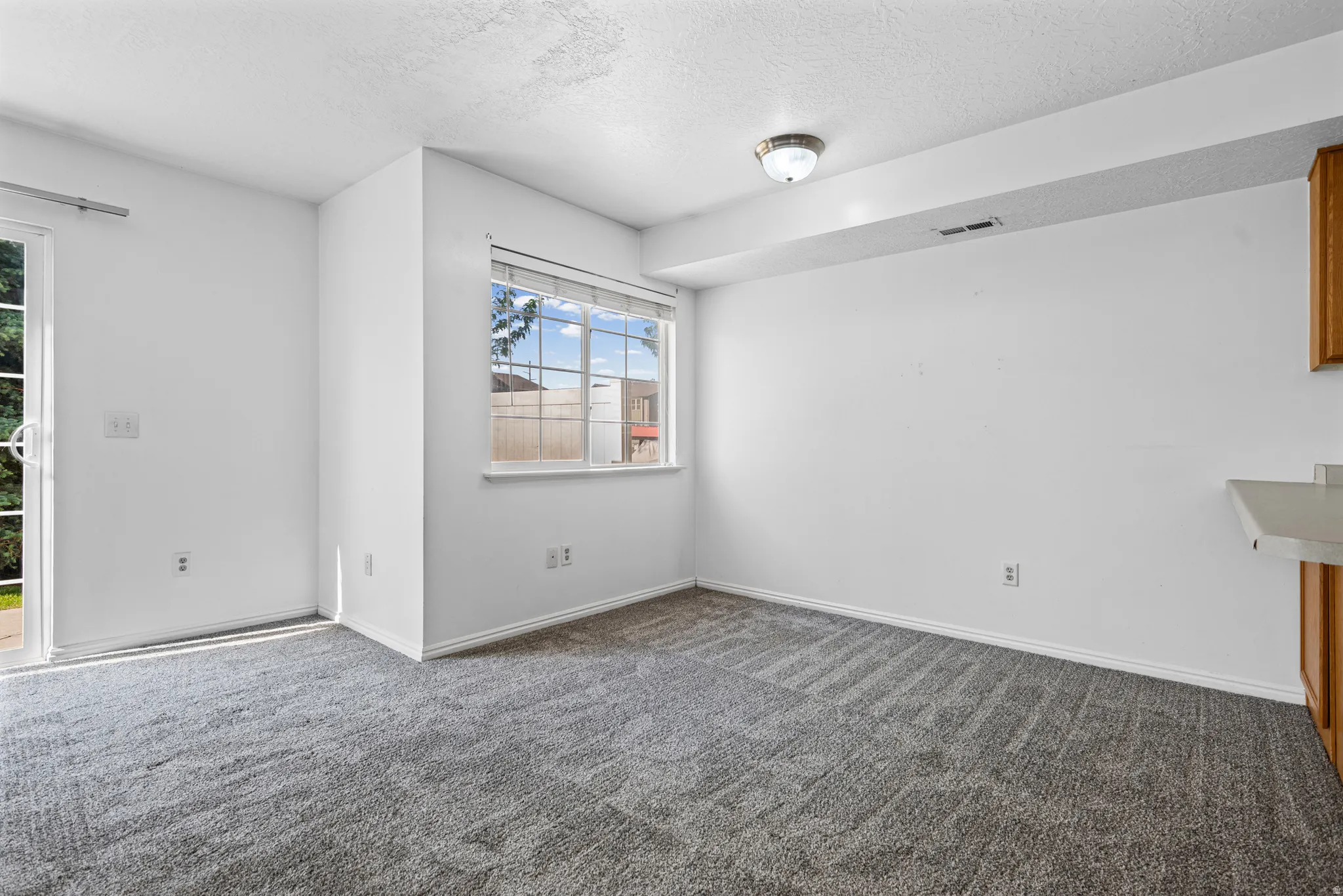 Spacious room featuring neutral carpet flooring, white walls, and a sliding glass door providing outdoor access