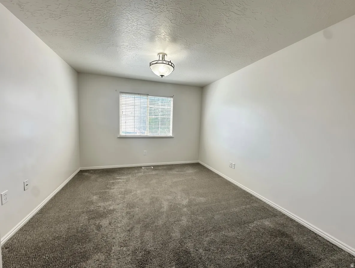 Neutral wall finishes, textured ceiling, flush-mount ceiling light, window with blinds, and grey carpet flooring