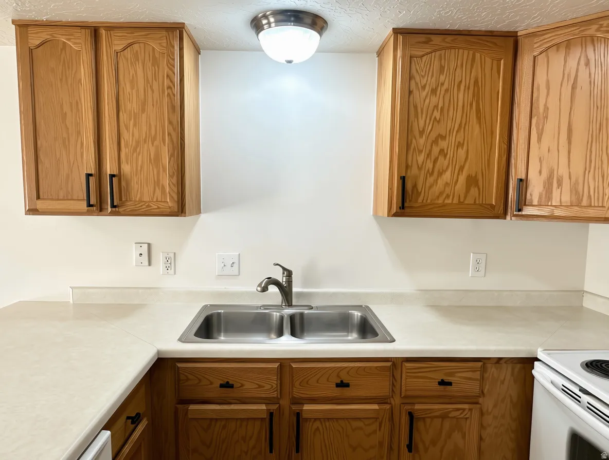Kitchen featuring oak wood cabinetry, light-toned countertops, a stainless steel double-basin sink, and a brushed nickel faucet