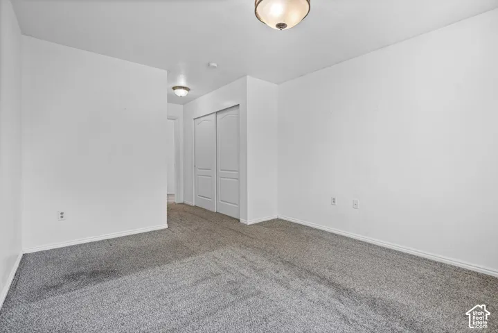 Spacious room featuring gray carpeting, white walls, white trim, and a ceiling-mounted light fixture