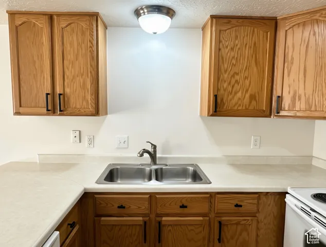 Kitchen featuring oak wood cabinetry, light-toned countertops, a stainless steel double-basin sink, and a brushed nickel faucet