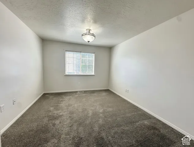 Neutral wall finishes, textured ceiling, flush-mount ceiling light, window with blinds, and grey carpet flooring