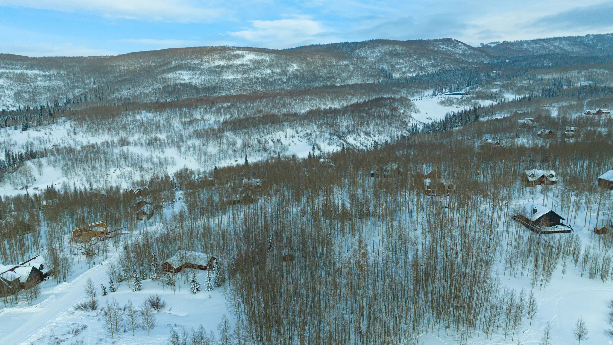 Snow-covered mountainous terrain featuring numerous residential properties nestled among extensive deciduous forests