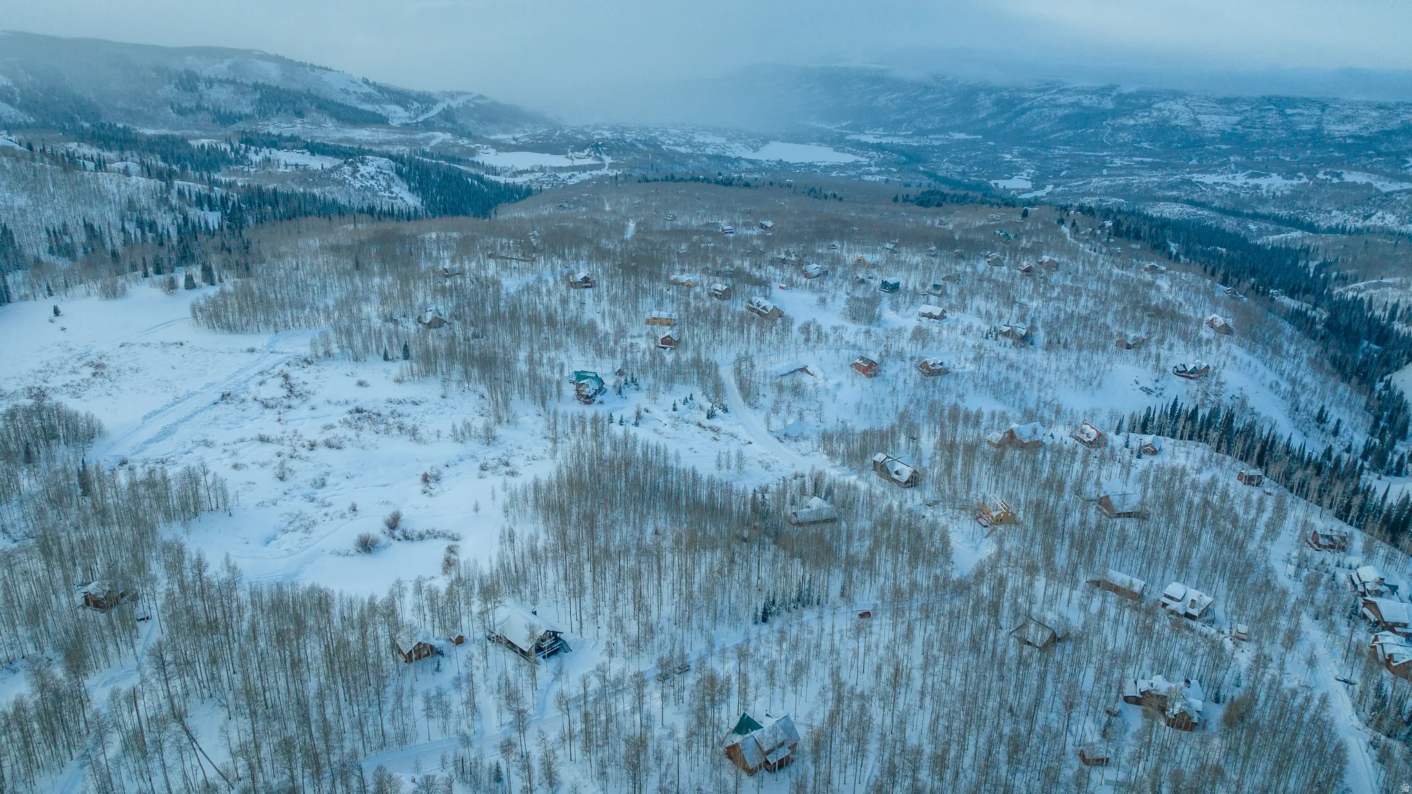 Snow-covered mountainous terrain featuring numerous residential properties interspersed among bare deciduous trees and evergreen forests