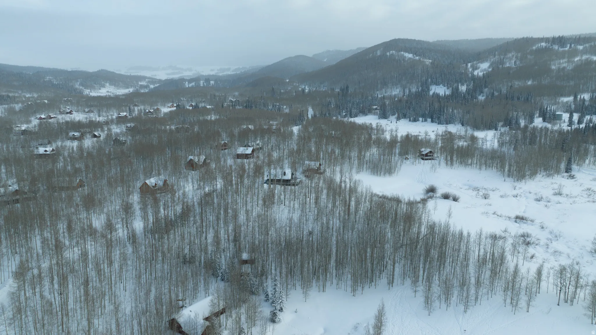 Expansive mountainous terrain featuring scattered residential structures, mature deciduous trees, and evergreen forests