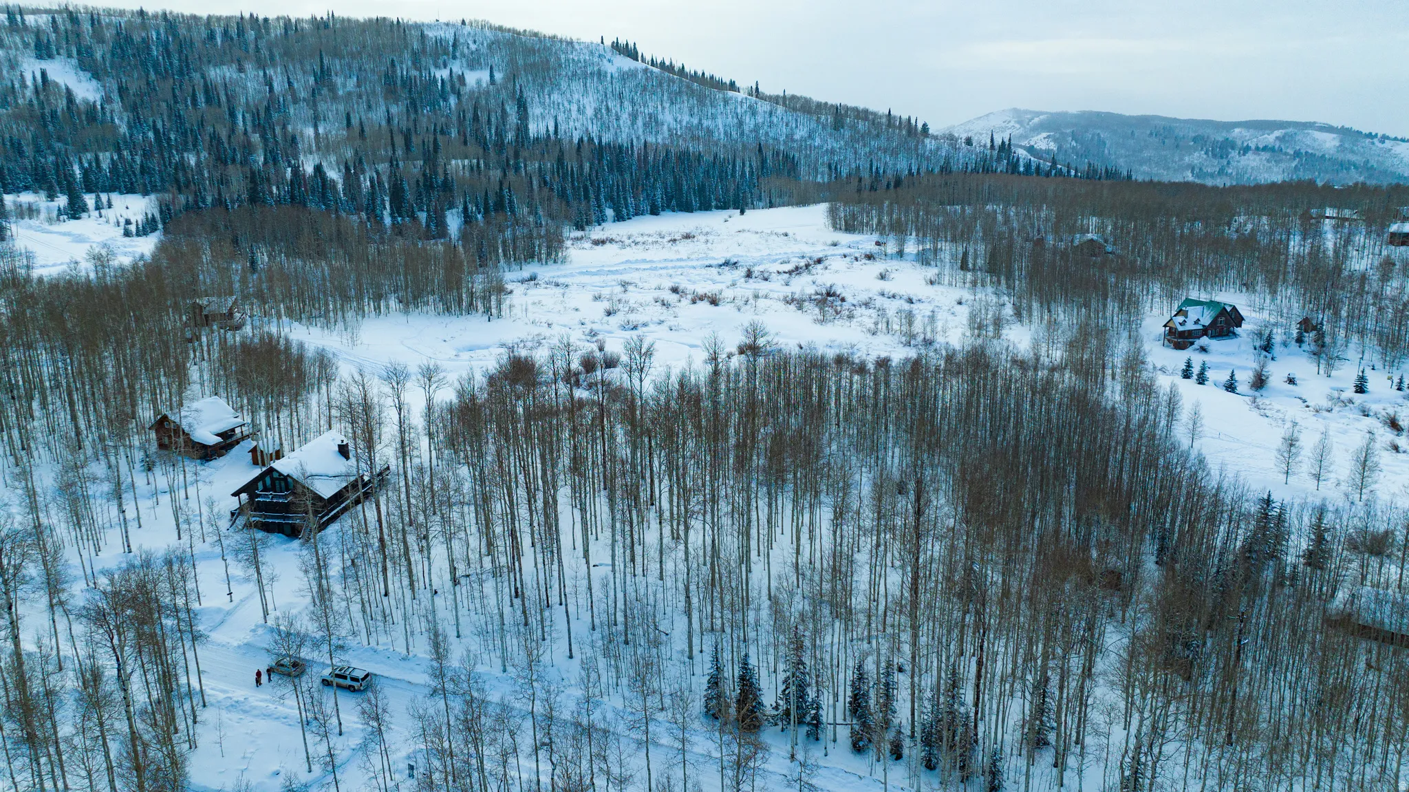 Expansive wooded landscape featuring multiple structures, snow-covered terrain, and distant mountain ranges