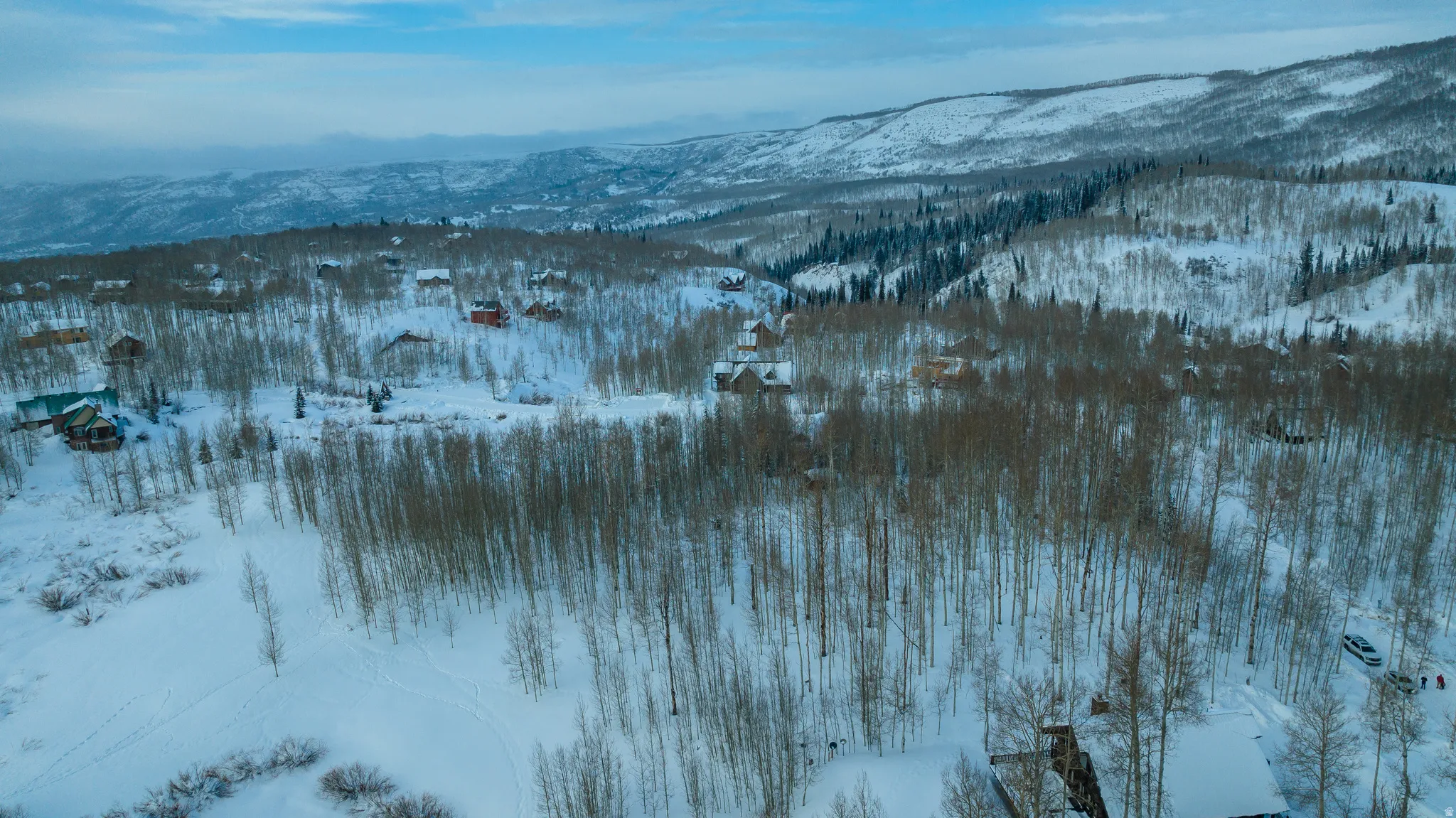 Snow-covered mountainous landscape featuring scattered residential properties amidst extensive deciduous tree coverage