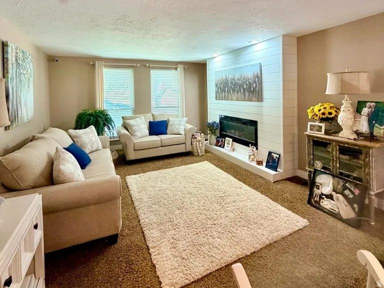 Living area featuring a textured ceiling and neutral-toned walls