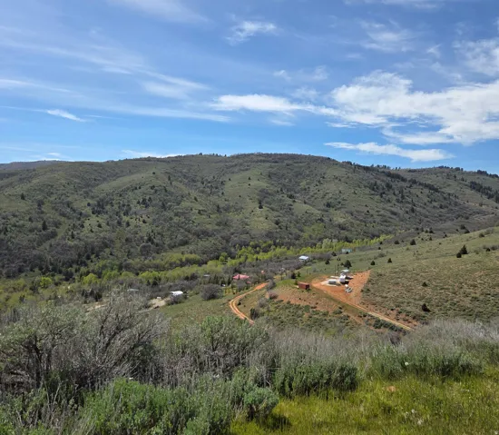 Expansive mountain landscape featuring varied green foliage and clear blue skies