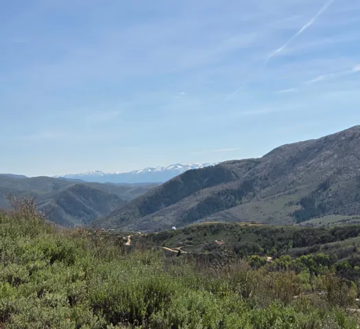Expansive mountain landscape featuring distant snow-capped peaks, rolling hillsides, and abundant natural vegetation