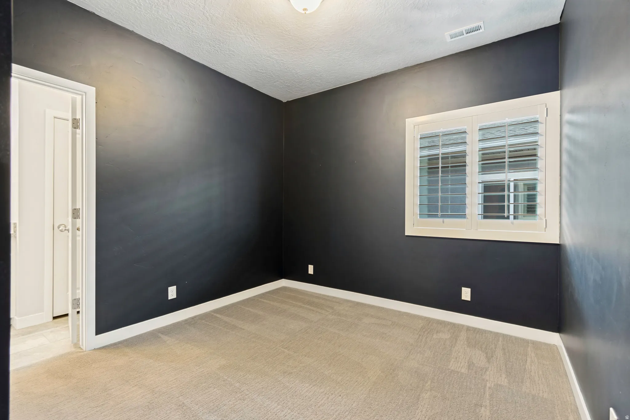 Carpeted room featuring dark-toned walls, white baseboards, and a window with white plantation shutters