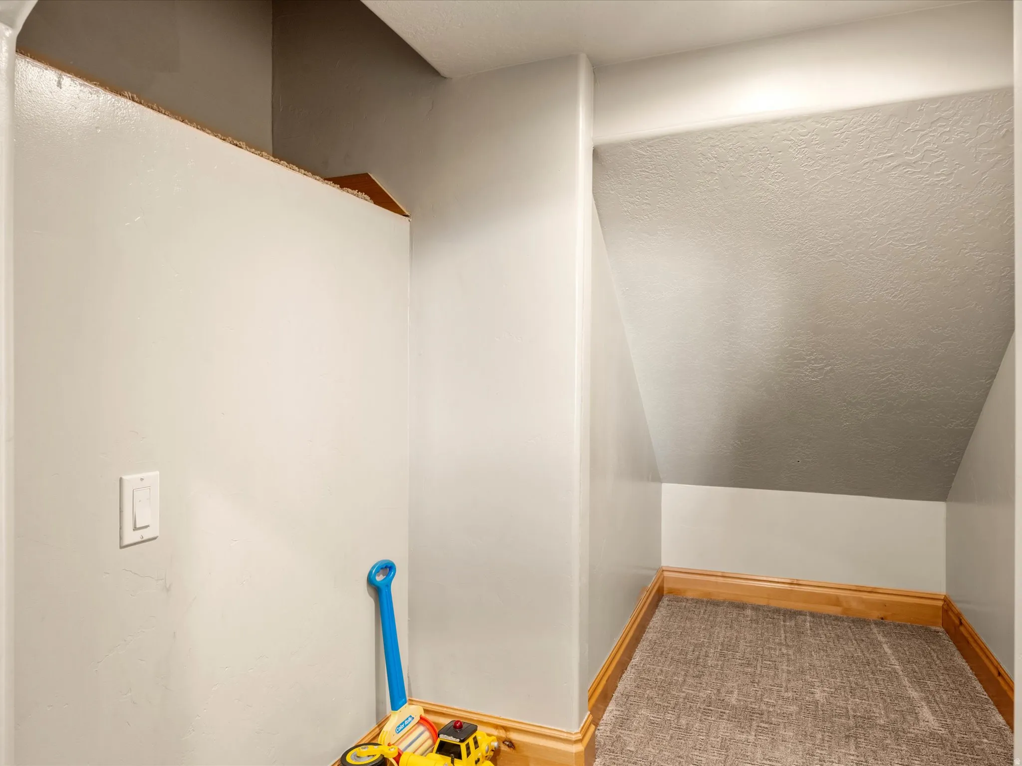 Kids cubby under stairs.  Carpeted under-stair storage area with light wood trim and painted walls