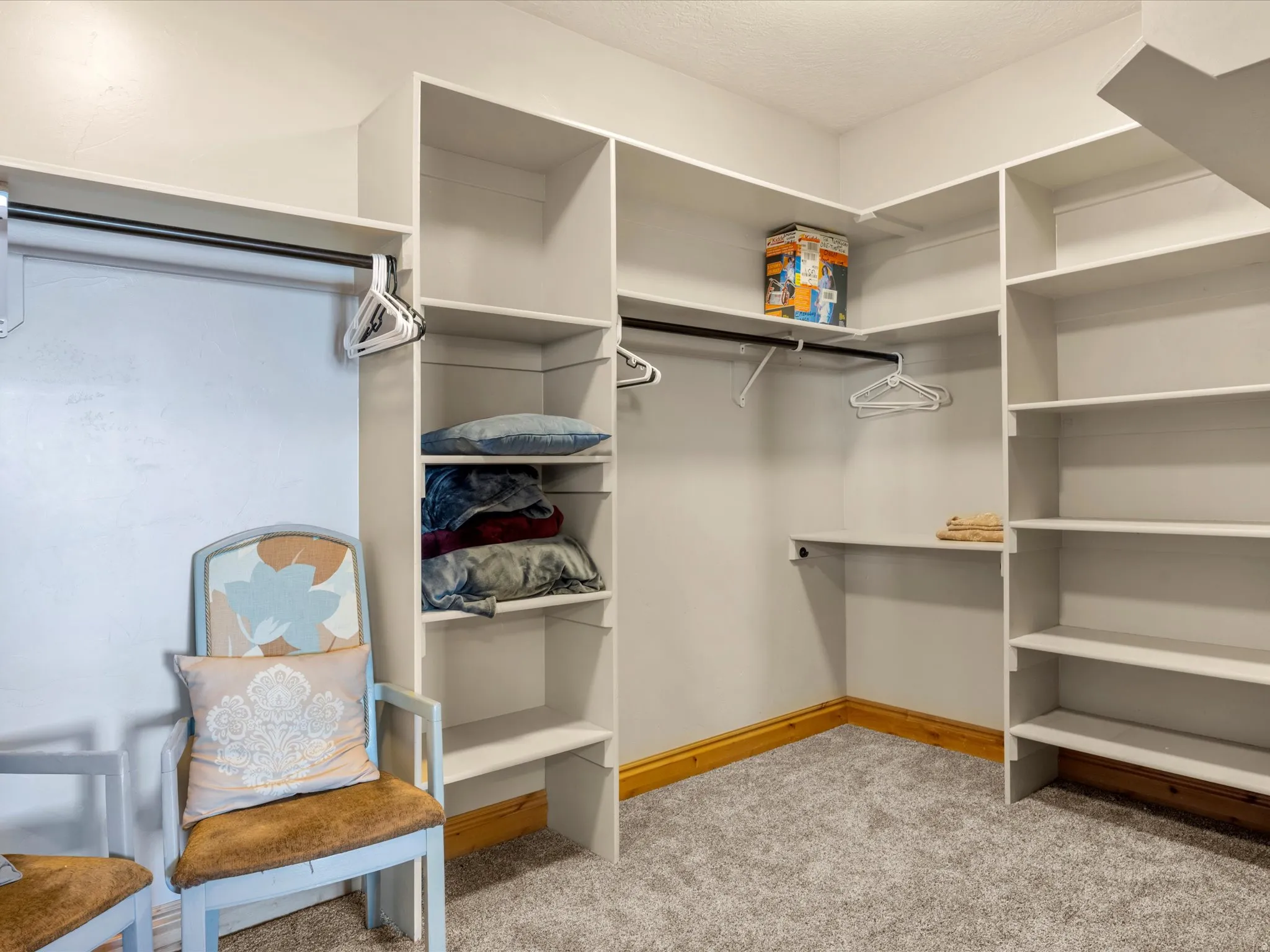 Primary bedroom Walk-in closet featuring built-in shelving, multiple hanging rods, and grey carpeting