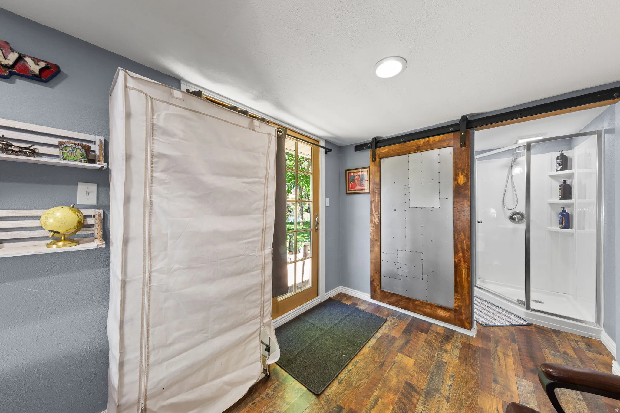 Rustic barn door with metal paneling opening to a shower enclosure, wood-finish flooring, and a glass-paned exterior door