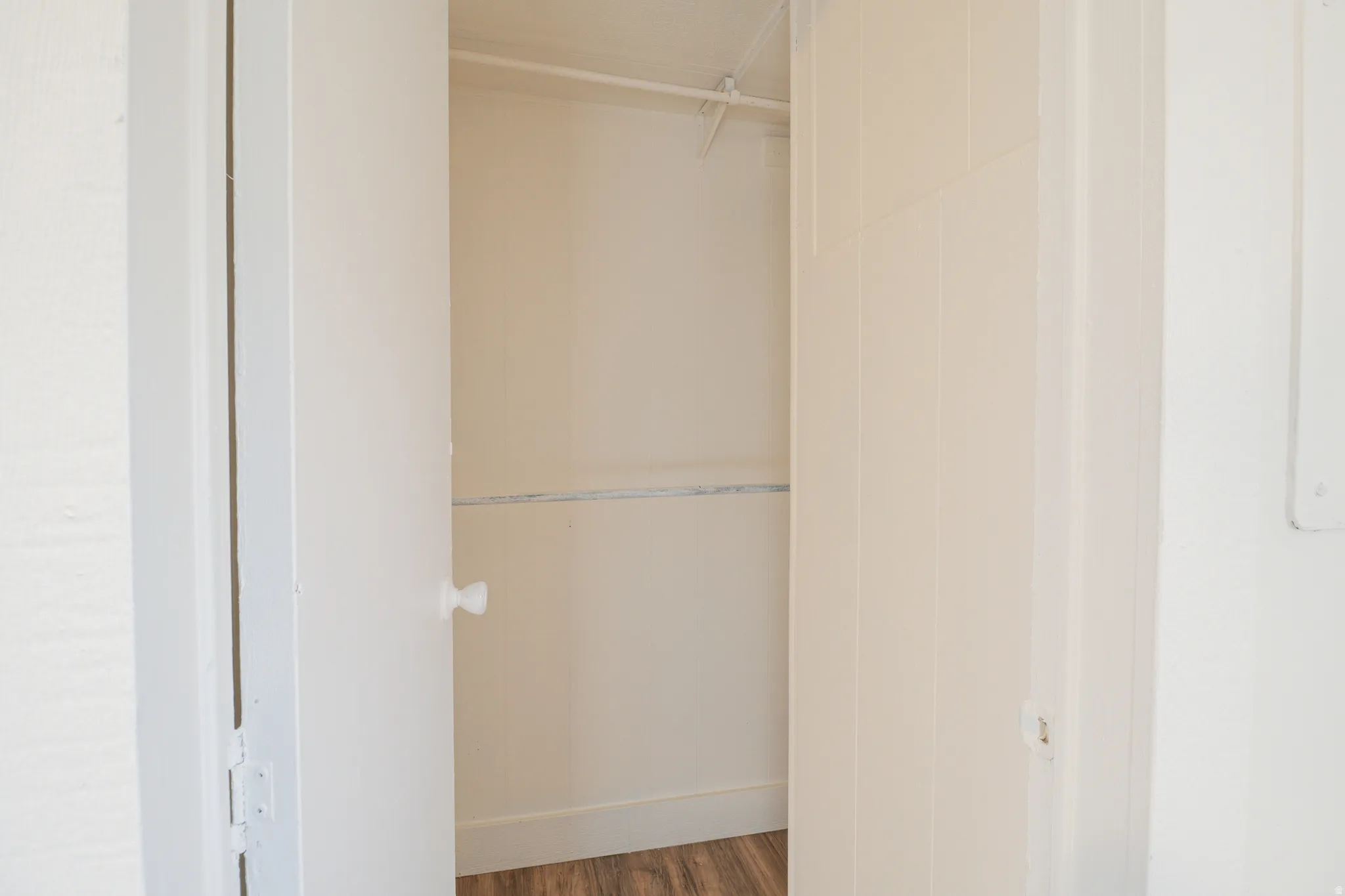 Interior closet featuring a built-in hanging rod, light-colored walls, wood-finish flooring, and white trim