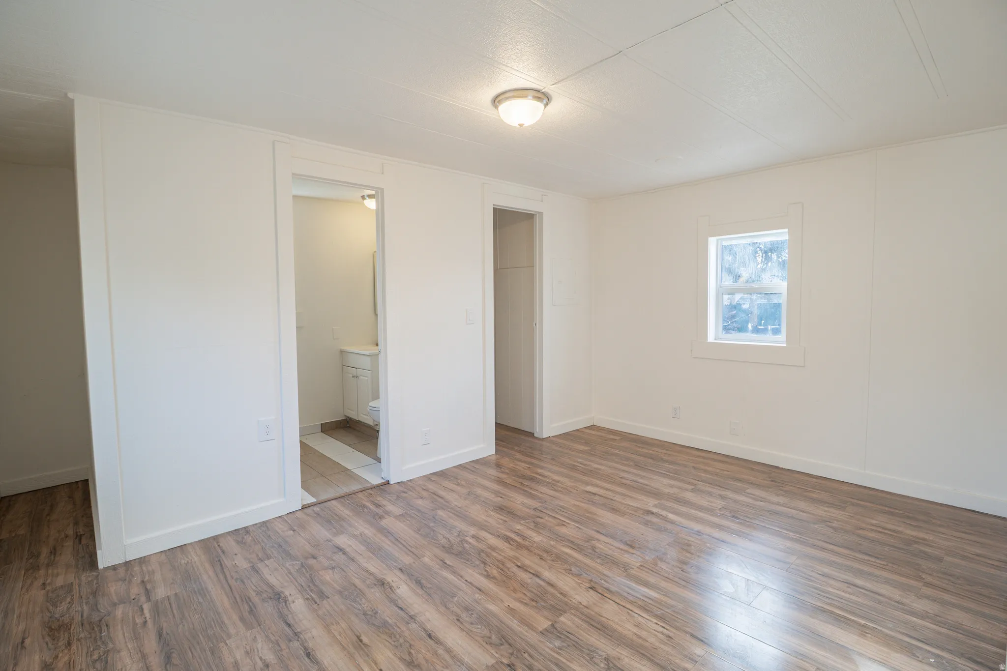 Spacious room featuring wood-finish flooring, a ceiling-mounted light fixture, and a window with white trim