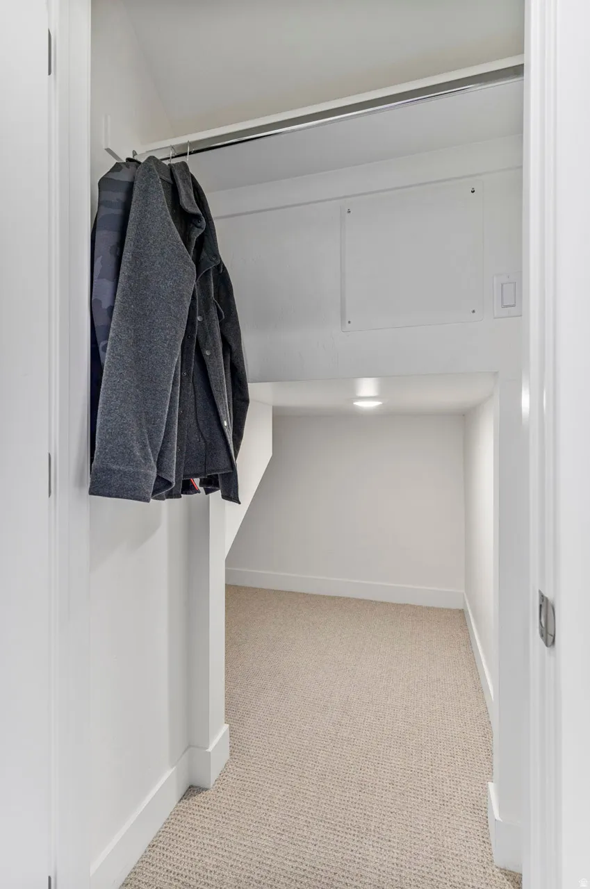 Carpeted under-stair storage area featuring a ceiling-mounted light fixture and white baseboards