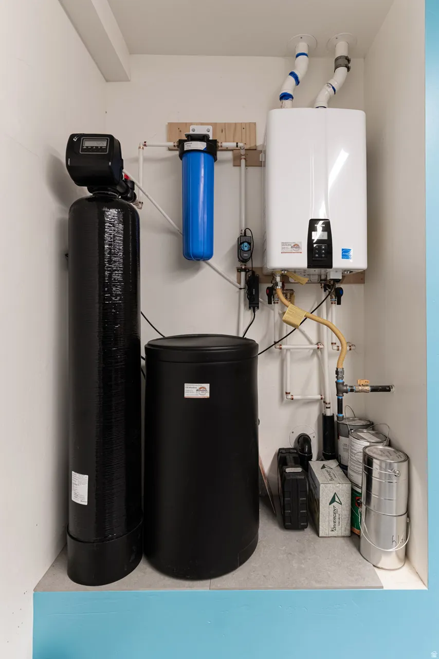 Dedicated utility space featuring a tankless water heater, water softener system, water filtration unit, and additional water storage tank