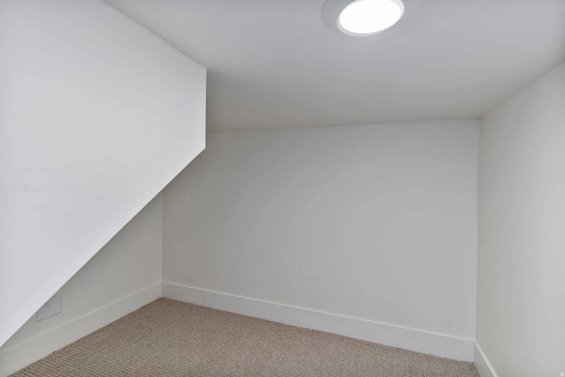 Carpeted under-stair storage area with white walls, base molding, and a recessed ceiling light