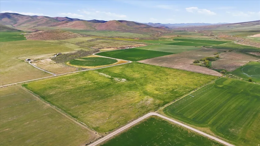 Expansive agricultural land featuring varied cultivated fields, established dirt roads, and distant rolling hills