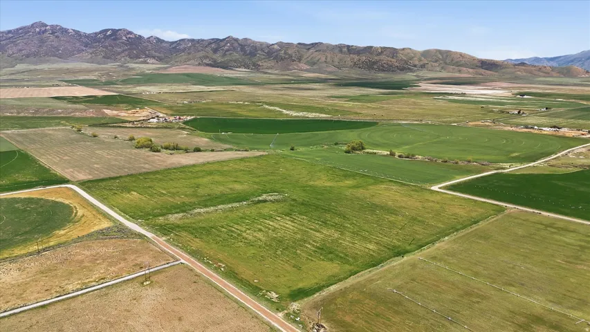 Expansive agricultural land featuring multiple cultivated fields, distinct dirt roads, and distant mountain ranges