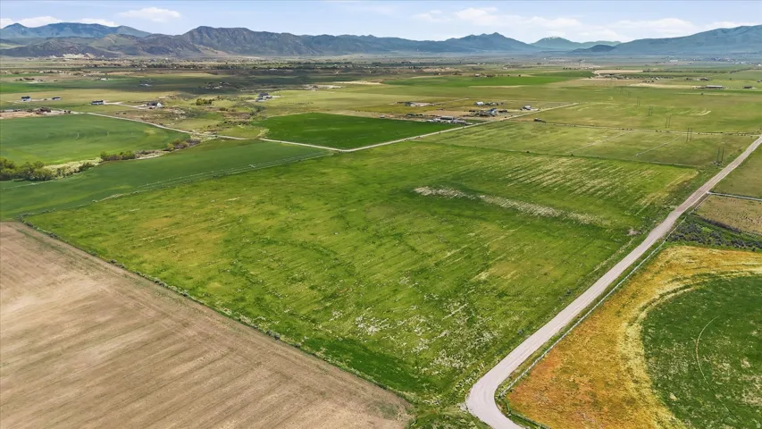 Expansive agricultural land featuring a paved roadway, distinct cultivated fields, and distant mountainous terrain