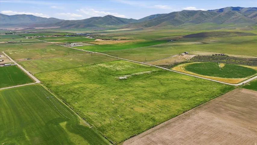 Expansive agricultural land featuring a verdant field, cultivated plots, and distant mountain ranges