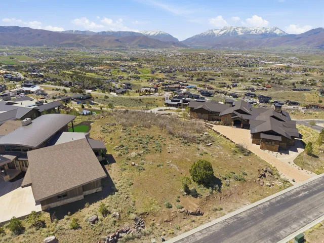 Aerial view of residential area with mountains
